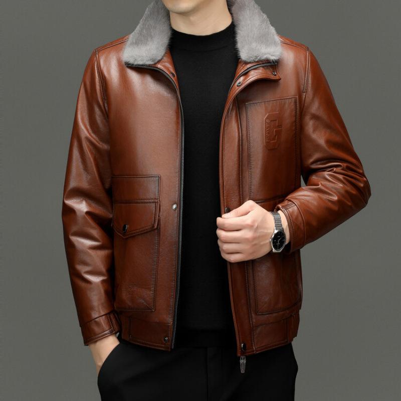 Winter Leather Leather Jacket Men's Cowhide Top Leather Locomotive Mink Hair Liner Jacket