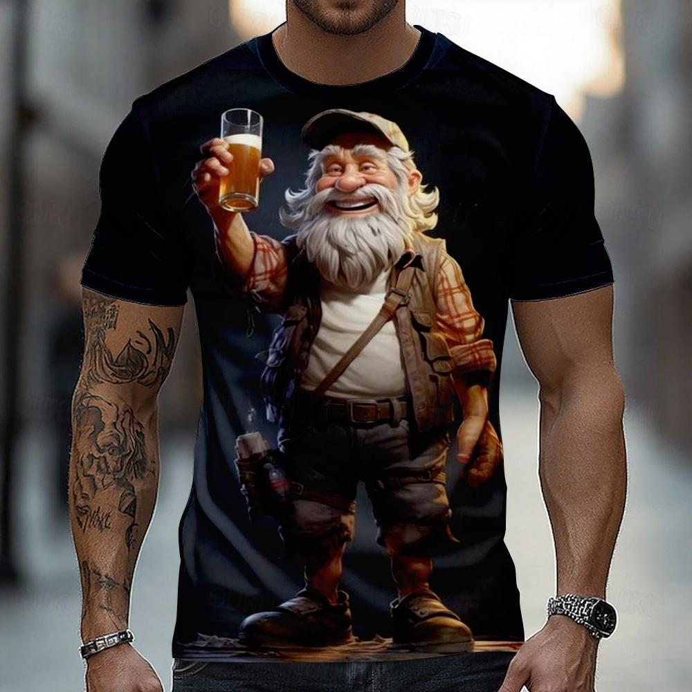 Men's Funny Cartoon Crazy Old Man Holding Red Wine Glass Bar Novelty T-shirt 3D Print Short Sleeve t shirts Tops Summer Clothing