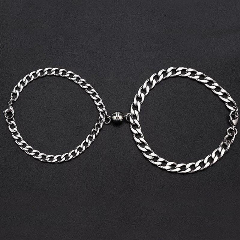 JWER 2Pcs Punk Magnet Couple Bracelet for Women Alloy Romantic Magnet Men Paired Jewelry Valentine's Day gift Silver Color