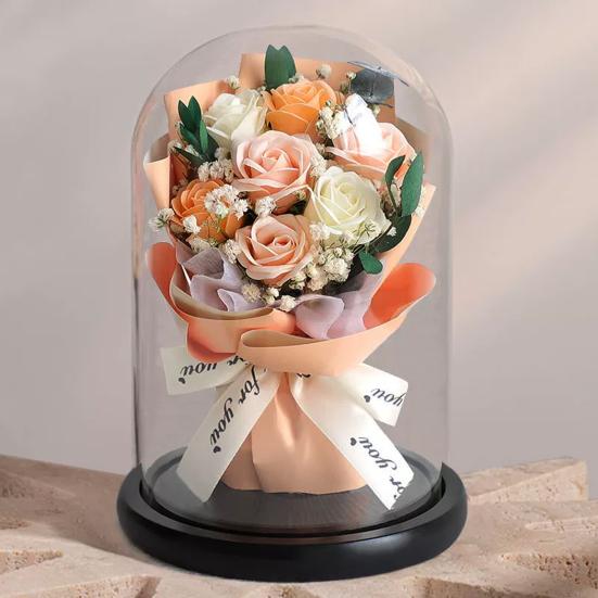 Yousheng Artificial Rose Bouquet with LED Light Glass Dome Cover Eternal Flower Decoration Women Wife Girlfriend Anniversary Valentine's Day Mother's
