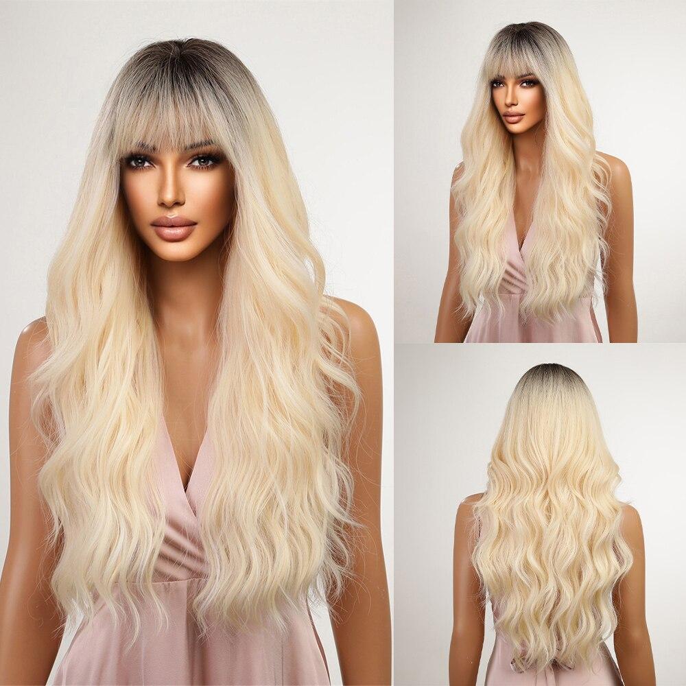 Long Body Wavy Synthetic Wigs Platinum Blonde Ombre Hair Wigs for Women With Bangs Cosplay Wigs Heat Resistant