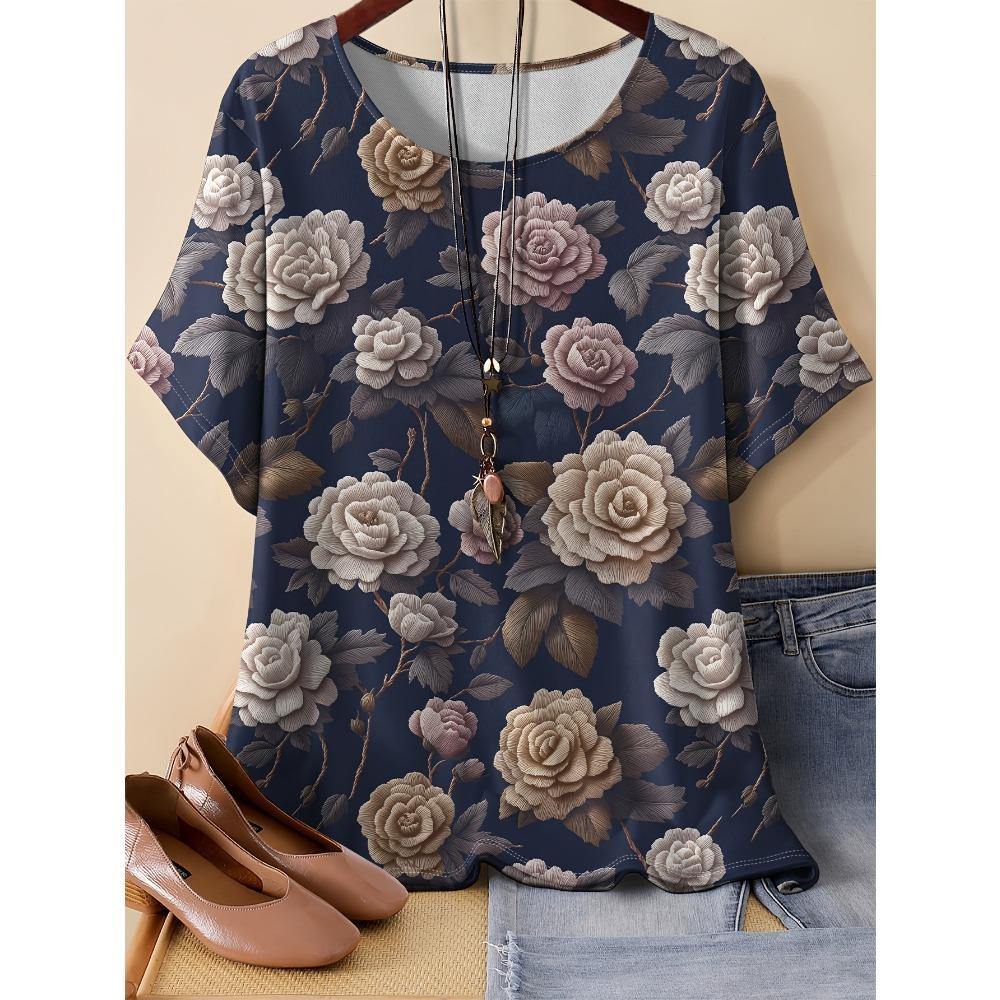 Summer Womens Retro Pattern 3D Printed Color Flowers T-shirt Loose Comfortable Soft Breathable Large Size Fashion O-neck T-shirt