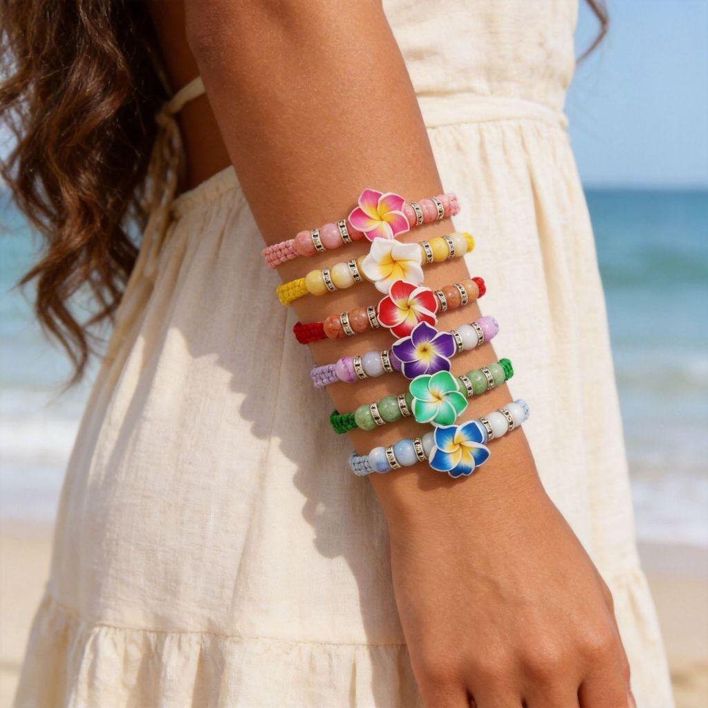 Handmade Soft Clay Flower Bracelets With Adjustable Cord For Women And Men