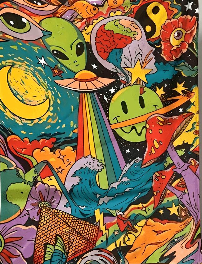 Psychedelic Cosmic Adventure Blanket - Vibrant and Colorful Design with Aliens, UFOs, and Fantasy Elements, Perfect for Any Room