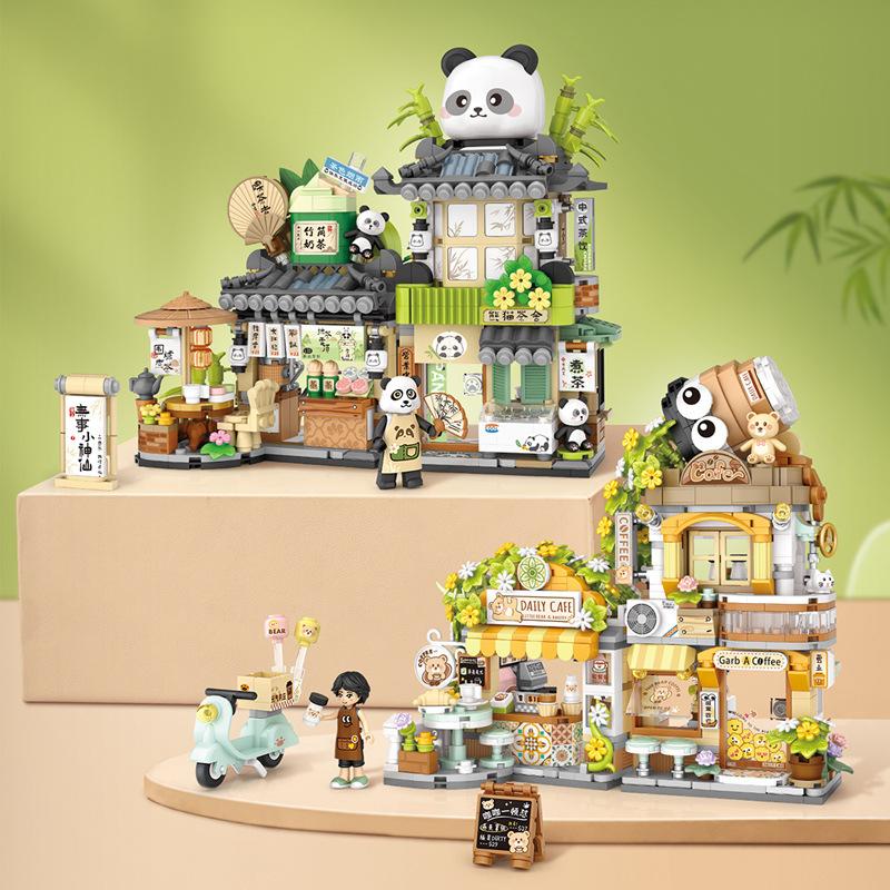 Latest Panda Pet Zoo Coffee Shop Store Fold Street View Shop Food House Construction Blocks Kit Girls Blocks Model Kids Plaything Children