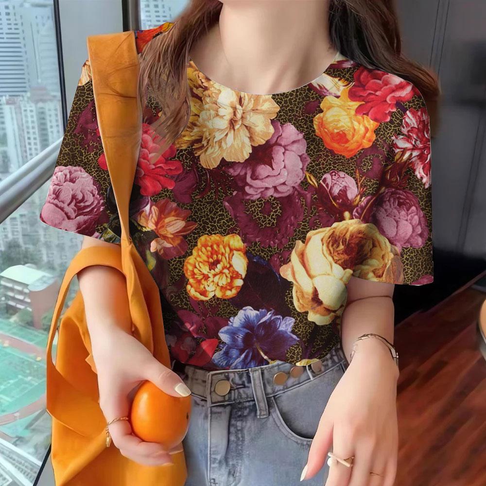 Women's Summer Round Neck T-shirt, Casual Short Sleeved Top, Vintage Print, Loose and Comfortable T-shirt