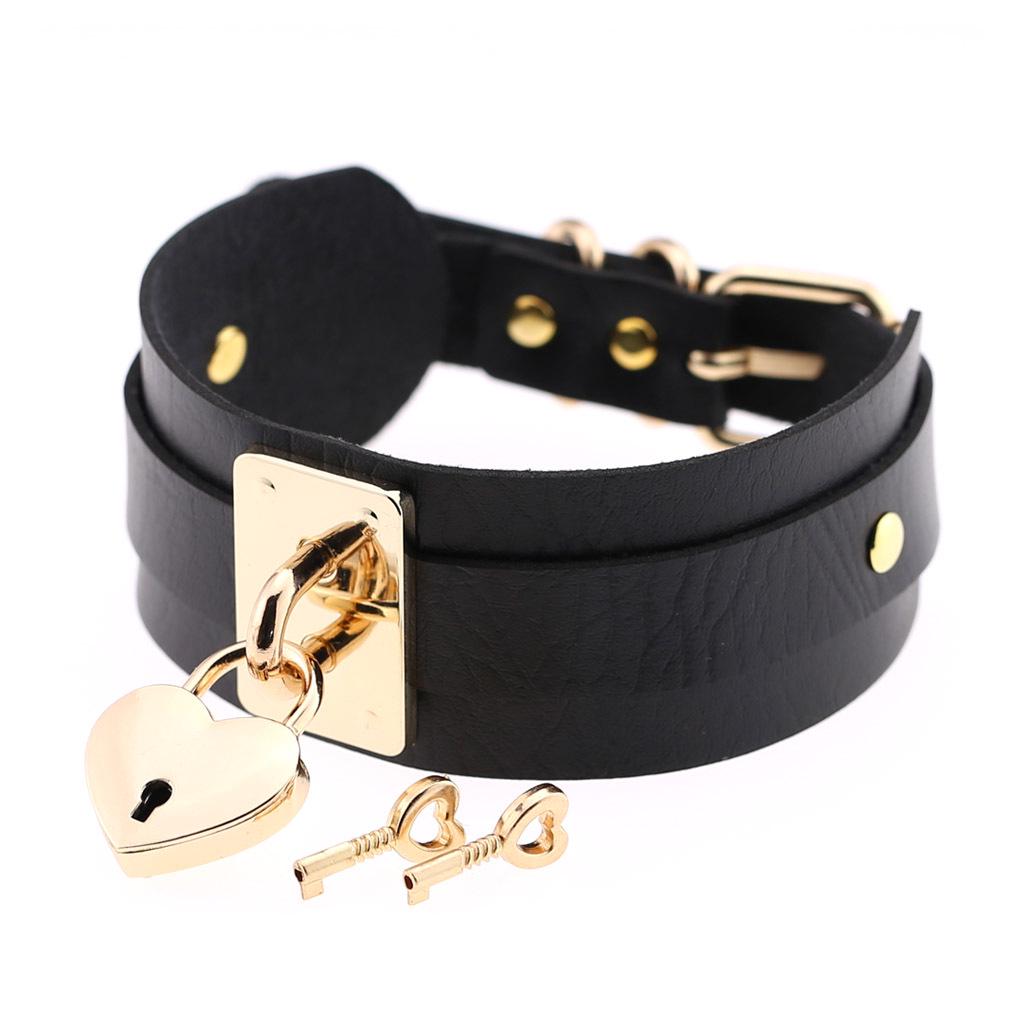 Exaggerated European-American Style PU Leather Double-Layer Heart Lock Necklace Collar