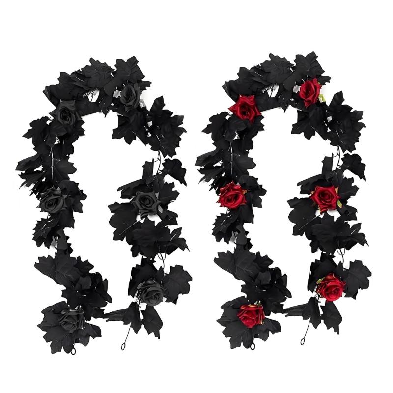 Halloween Black Maple Rose Chain, 65.98 Inch Silk Holiday Trim for Door Frame, Shelf, and Home Setting Indoor Use