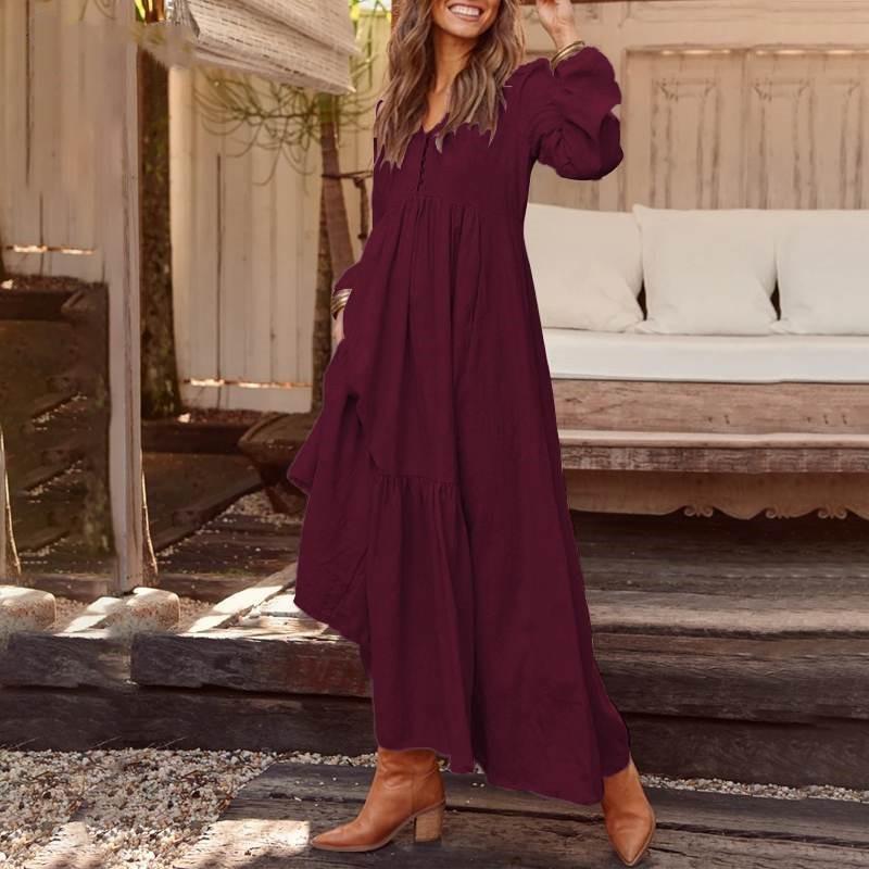 Jurken voor Dames Lange Jurk Losse Mode V-Hals Casual Effen Lange Mouw A-lijn Sexy Jurken Elegante Ruches Vestido