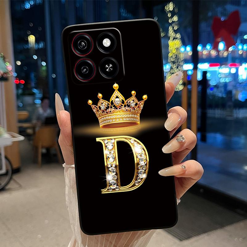Cool Lucky A-Z Letter Phone Case For ZTE Blade A35/A55 Soft Silicone Black Case Shockproof Luxurious Glitter Crown Shell