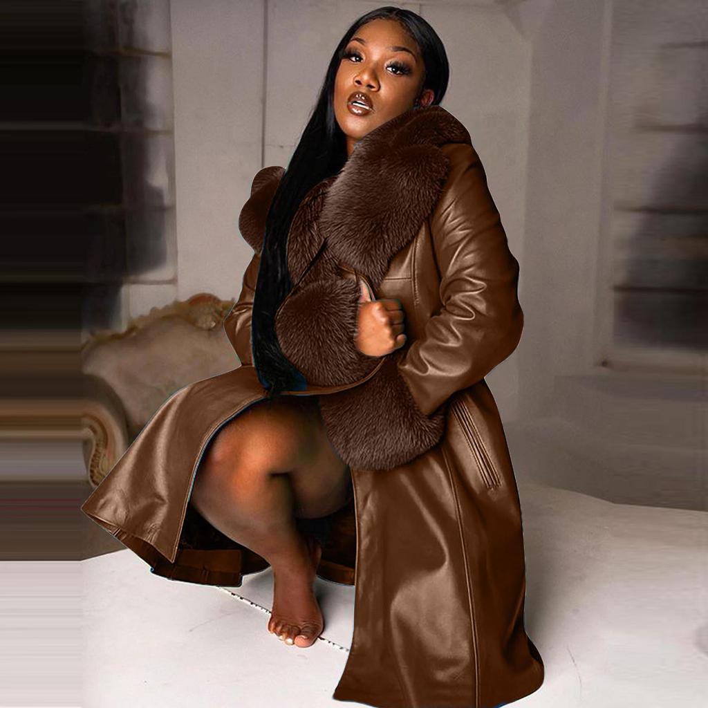 Women Leather Coat Collar Winter Fashion Lapel Long Sleeve Zipper Plus Size Casual Jackets Coat