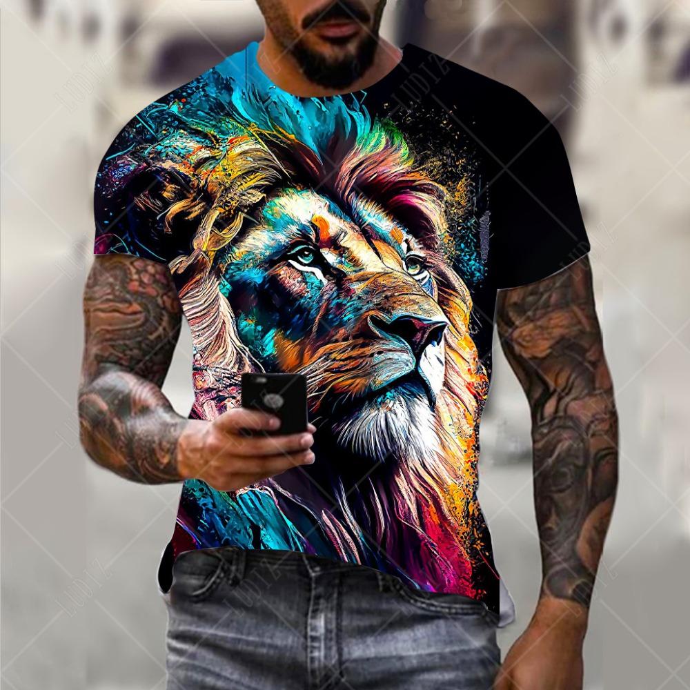 Herren T-Shirt mit Löwen-Motiv, modisches 3D-Druck-T-Shirt mit Tiermuster, kurzärmelig, übergroße Streetwear-T-Shirts, lässige Sommeroberteile für Herren