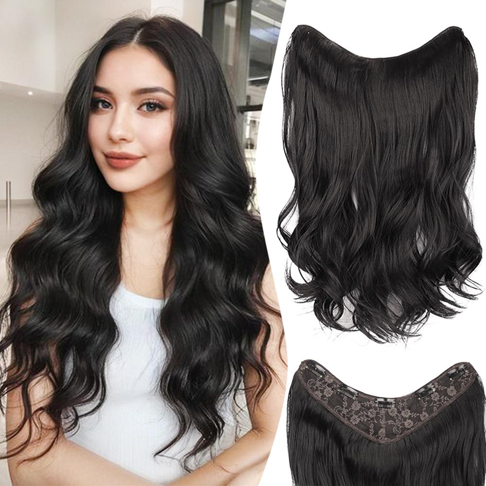 Synthetic Long Wavy Full Head Half Wig V-Shape Clip In Hair Extension 5 Clips Natural Thick Hairpiece