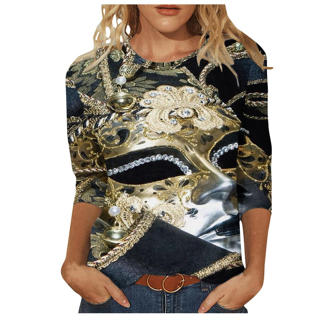 Langärmeliges Glamouröses Maskenmuster Oberteil Karnevalsthema Bedruckte Damen-T-Shirts