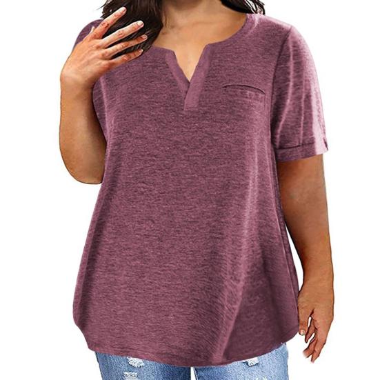 Yousheng Women T-shirt V-Neck Short Sleeve Tops with Chest Pockets Solid Color Casual Loose Fit Tee Shirt Daily Wear