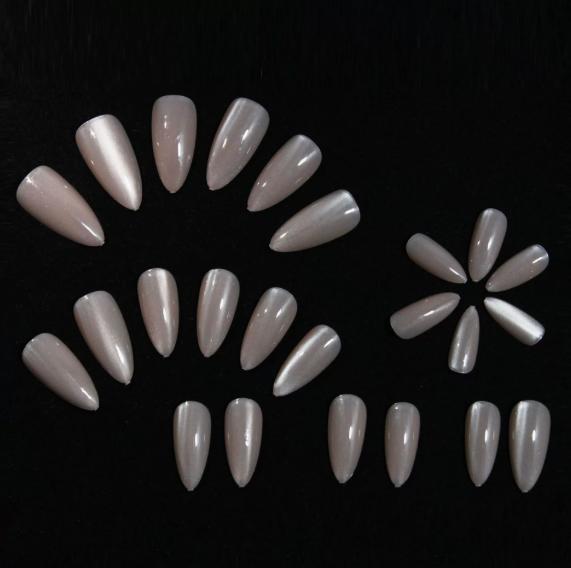 Soft Pink Shimmer Almond Nails, Nude Jelly Press On Nails with Glitter Cat Eye Effect