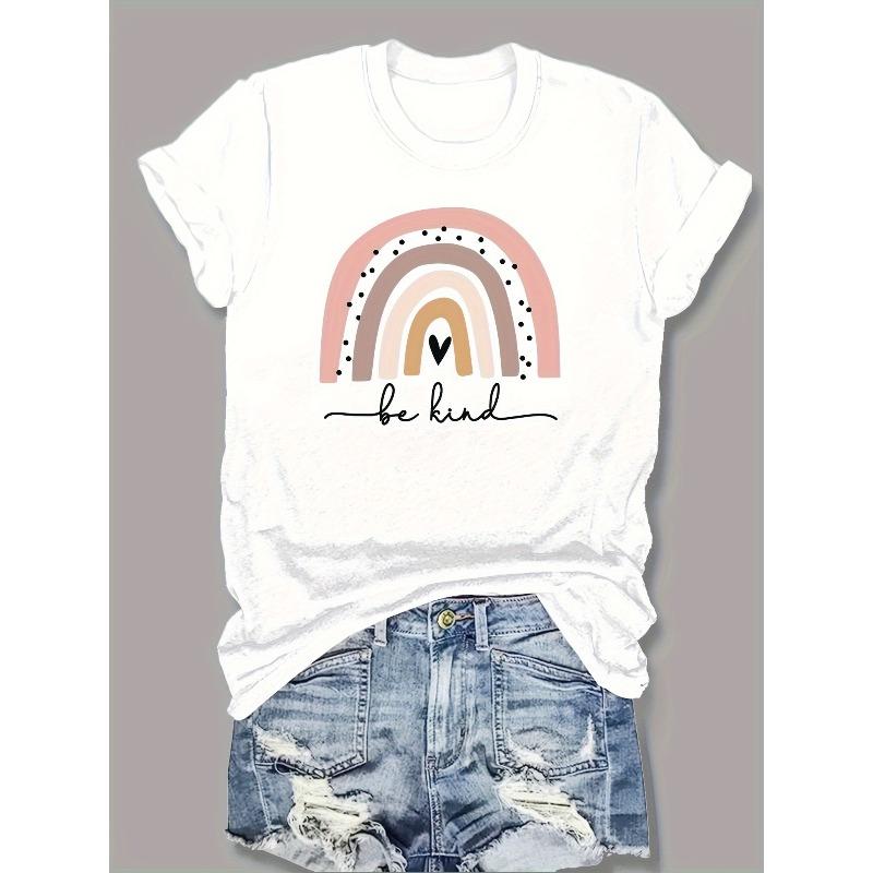 Women's Rainbow Themed Print Tee Round Neck Short Sleeve Fashionable Casual Everyday Stylish Top