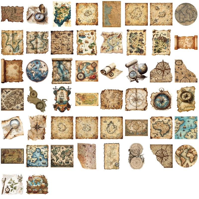 50 Pieces of Cartoon Retro World Map Travel Aesthetic Stickers for Decorating Notebooks, Mobile Phones and Water Bottles - Waterproof Stickers