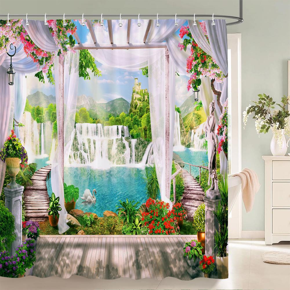 3D Beautiful Rural Garden Flowers Birds Scenery Printing Shower Curtain Polyester Waterproof Curtains Bathroom Partition Screen