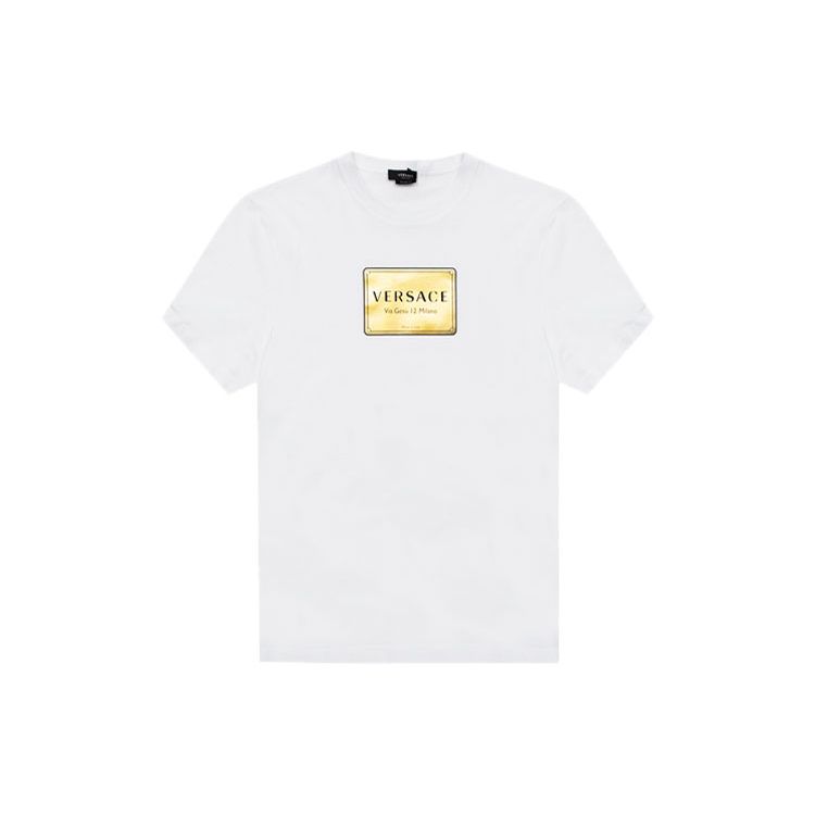 Versace Gold Logo Plaque Printed Short Sleeve T-Shirt Men Tops White A87387-A228806-A1001