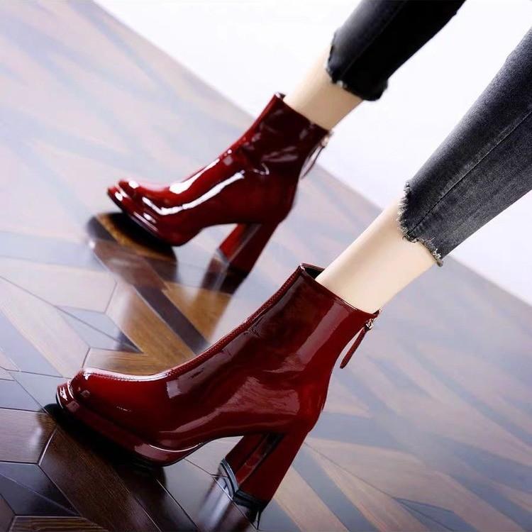 Plateau High Heels Stiefeletten Damen Square Toe Schuhe Chelsea Glänzendes Leder Winter Schnee 2024 Trend Luxus Party Botas Mujer