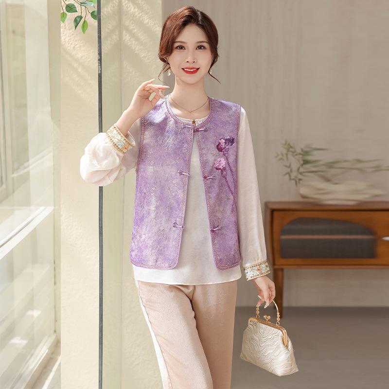 Elegant Spring National Style Two-Piece Vest Set for Mother's Day - Chic Middle-Aged & Elderly Women's Fashion