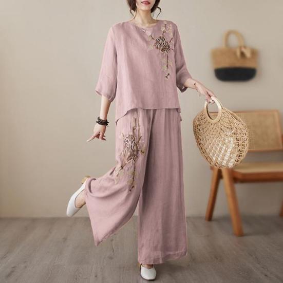 Women's 2 Piece Outfits 3/4 Sleeve Vintage Embroidered Shirts Wide Leg Pants Set Summer Cotton Linen Casual Matching Set