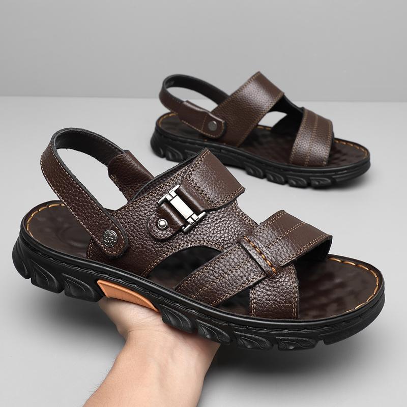 2024 Sommer Neu Schwarz Braun Echtes Leder Rutschfeste Sandalen Herren Weiche Sohle Hausschuhe Doppelfunktions-Sandalen Herren Plateau-Sandalen