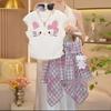 Girls Summer Sweet Cool Plaid Set Cartoon Short Sleeve T Shirt With Irregular Dance Skort Outfit