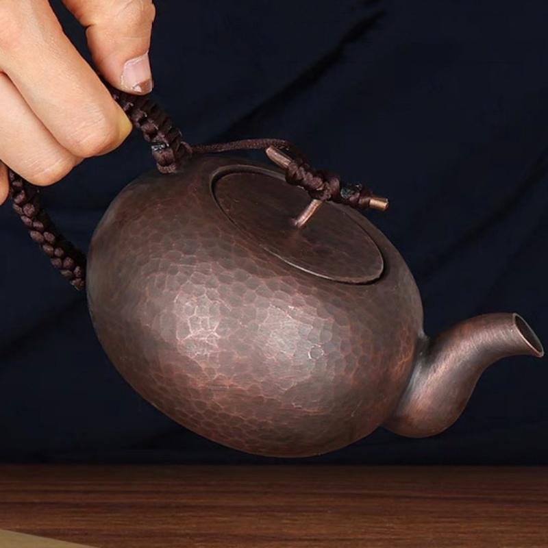 Vintage Pure Copper Coffee Pot,Hammer Texture Weave Portable 450ml Heat Resistant Filter Kettle,Handcrafted Ellipse Shape Teapot