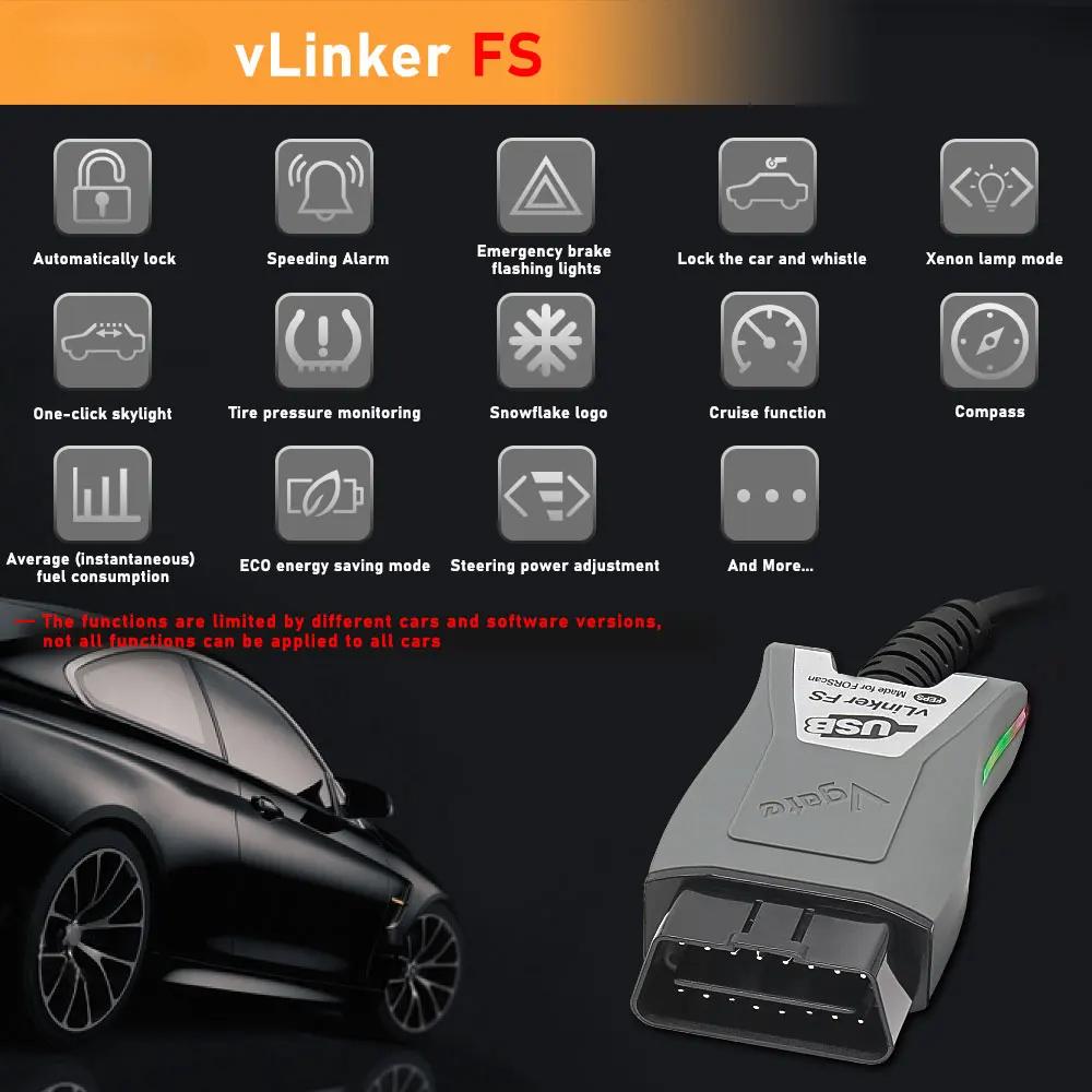 VLinker FS ELM327 Pre Ford FORScan HS/MS-CAN ELM 327 OBD 2 OBD2 Skener pre diagnostiku auta Rozhranie Nástroje OBDII Pre Mazdu