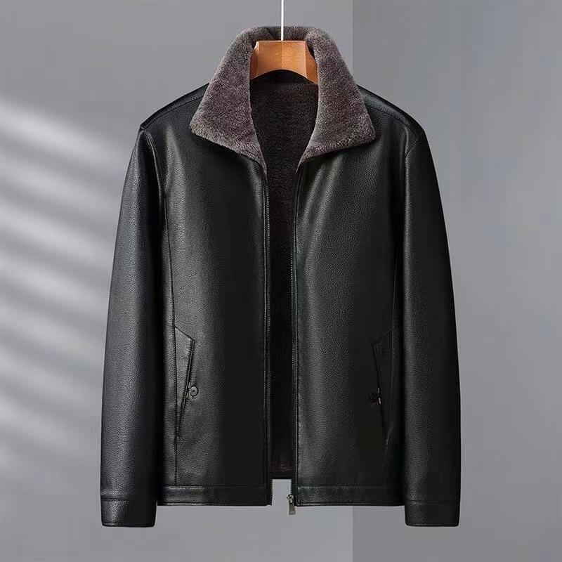 Men's Fleece-lined Thick Leather Coat PU Leather Jacket Autumn and Winter Zipper Fur Coat