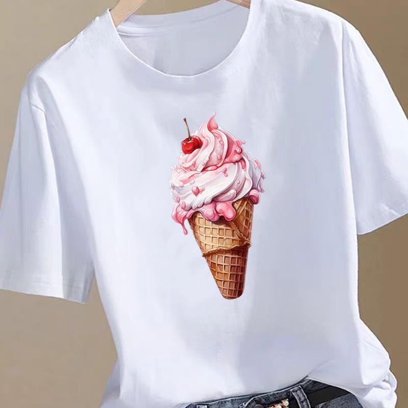 (Asian Size) Sweet Watercolor Trend Women Fashion Print Female Clothing T Shirt Tee Top Woman Short Sleeve Graphic T-shirts