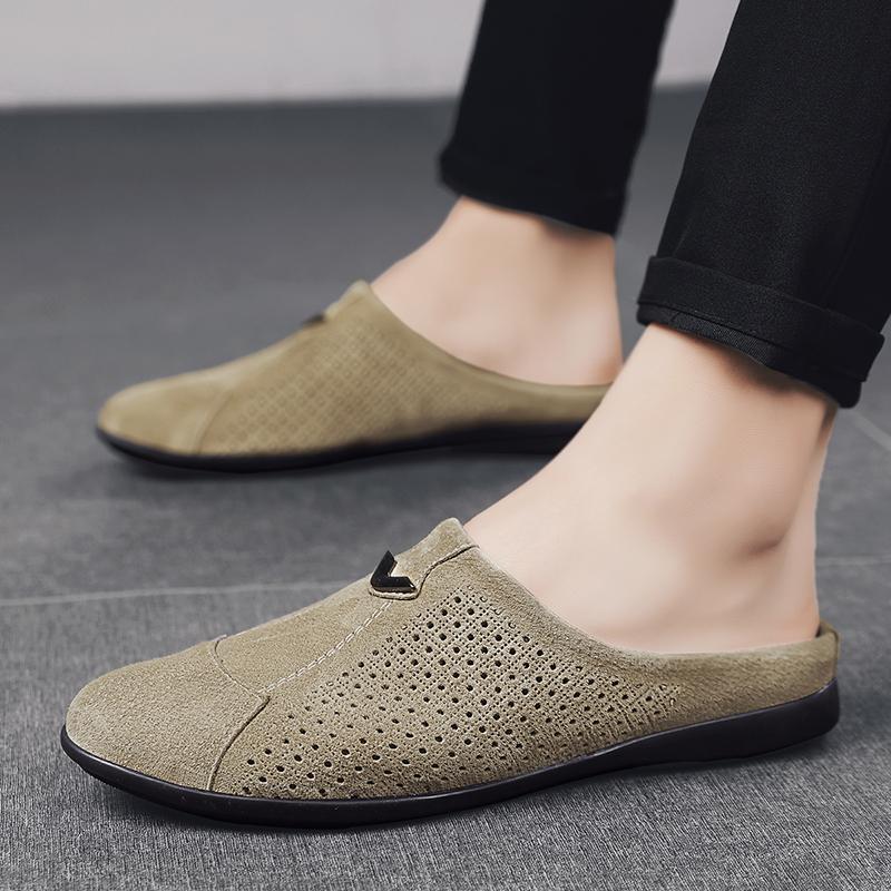 Fashion New Hollow Out Loafers Male Slip On Shoes Leather Casual Half Shoes for Men Breathable Men's Slippers Summer Designer Man Shoes