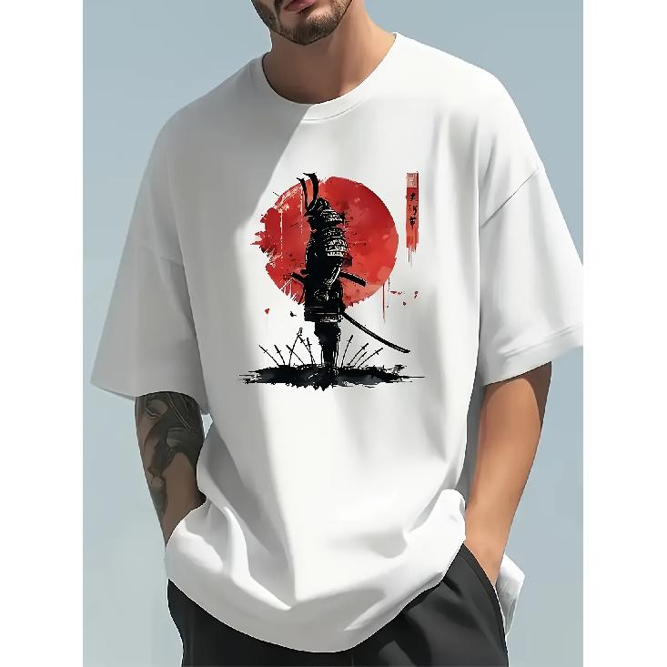Men'S Casual Summer T-Shirt with Samurai Print - Black & Red Design, Short Sleeve, Round Neck, Lightweight Blend, Perfect for Casual Attire, Samurai