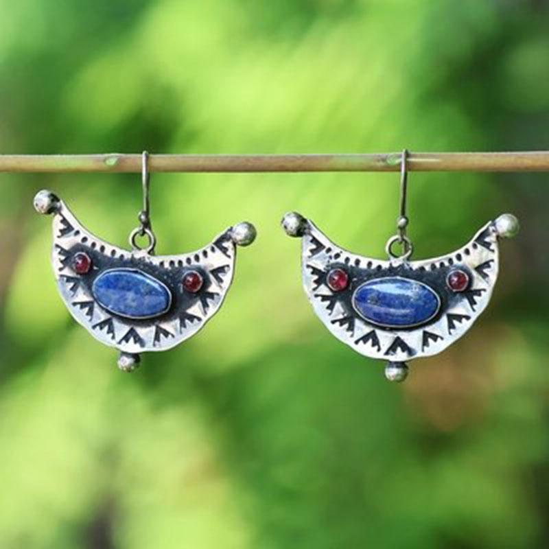 Vintage Silver Color Boho Moon Round Blue Red Stone Carving Dangle Earrings for Women Jewelry
