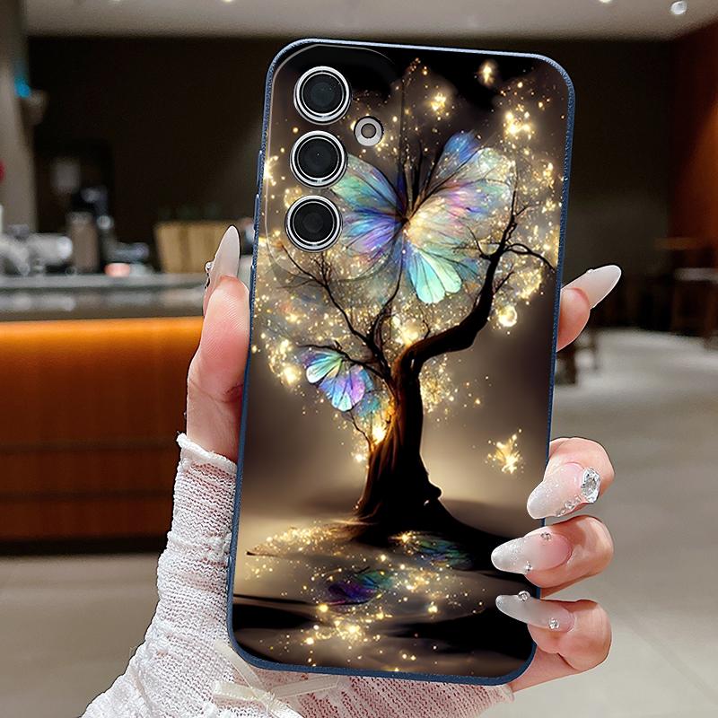 Shining Fantasy Tree Butterfly Pattern Case For Samsung Galaxy A57 A37 A17 A56 A36 A26 A16 A55 A35 A15 A54 A34 A14 5G Leather Texture Silicone Cover