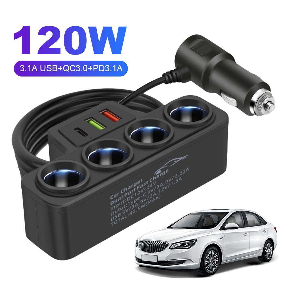 QC3.0+PD 3.1A Car Cigarette Lighter Adapter 12V-24V 4-Socket Car Cigarette Lighter Splitter 120W Phone Power Adapter 3 USB Ports