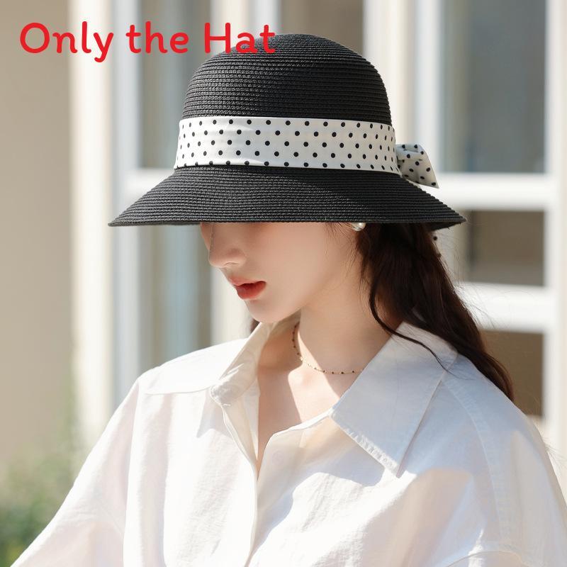 French Summer Dot Ribbon Raffia Hat With Wide Brim Sun Protection For Women