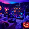 UV Fluorescent Ghost House Tapestry, Halloween Thriller Dark Forest Wall Hanging, Aesthetic Dorm Party Home Decor