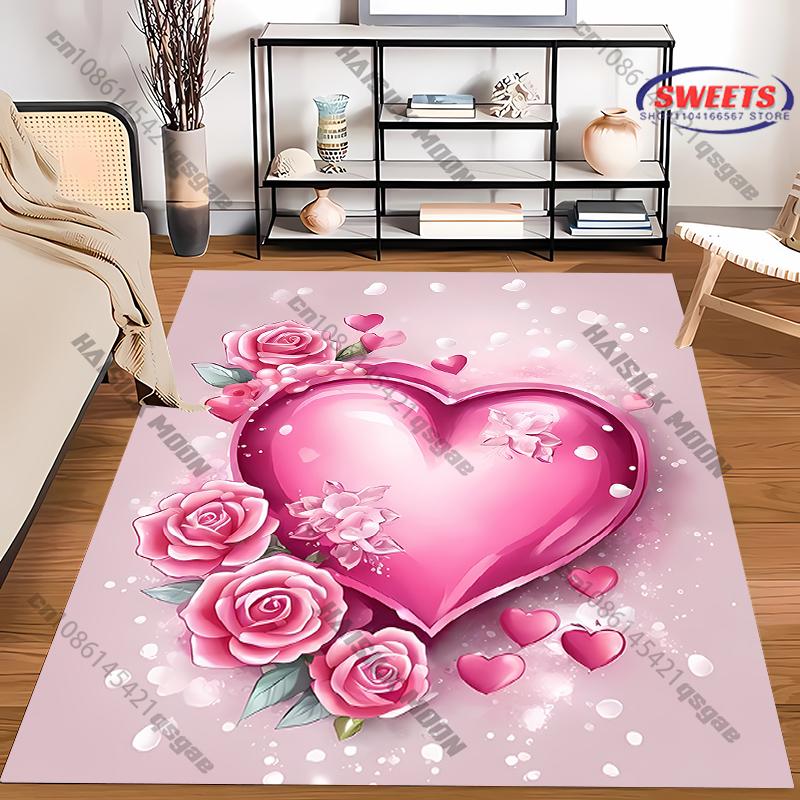 Romantic Rose Heart Rugs for Living Spaces Carpet for Home Sofa Bedroom, Gift Mat