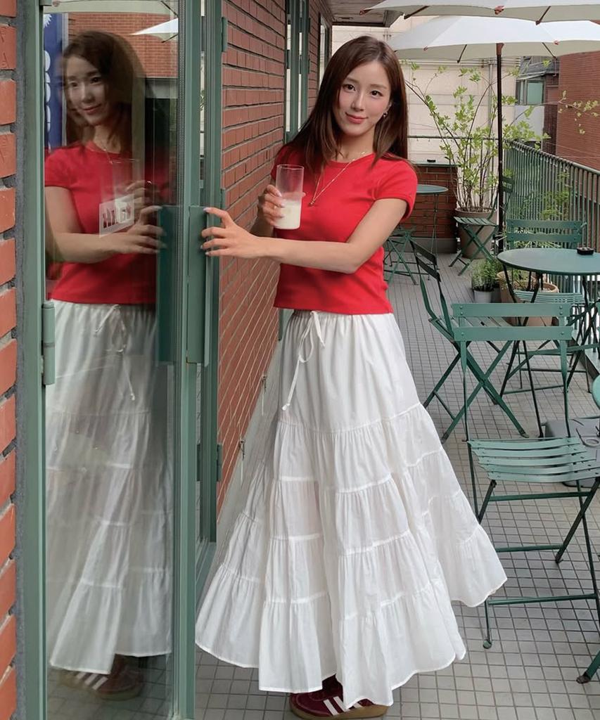 Ridge Shirred Long Tiered Skirt (Off-White)