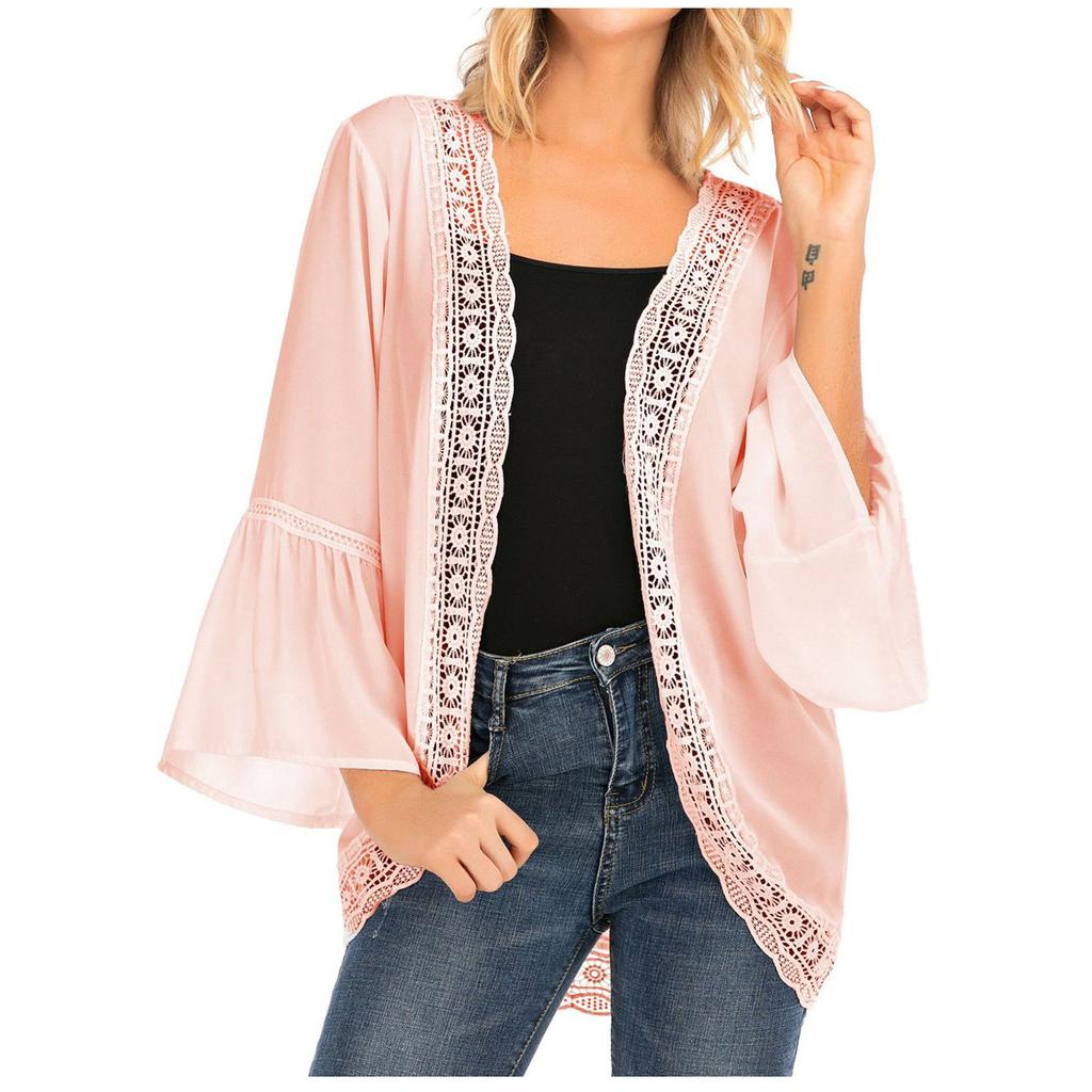 Damen Freizeit Spitze Langarm Chiffon Strickjacke Lockerer Kimono Bluse Oberteile
