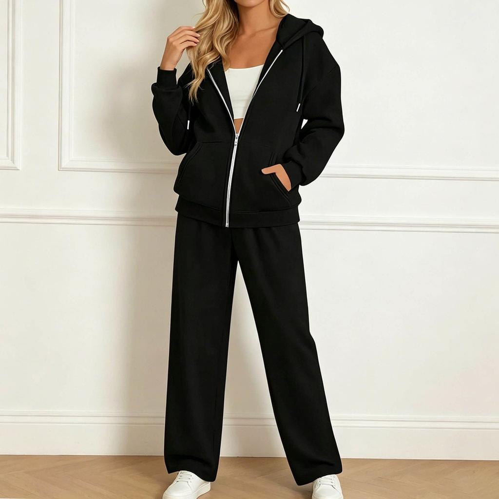 Ensemble veste à capuche ample pour femme et pantalon à fermeture éclair Ensemble deux pièces décontracté Survêtement Sweatshirt et Tenue d'intérieur pour les activités quotidiennes