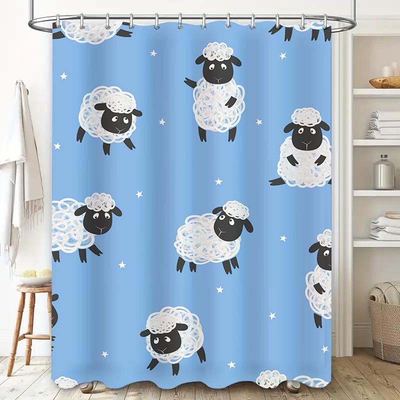 Entzückendes Schafmuster Duschvorhang Hellblauer Hintergrund mit Weißem Wolken Design Perfekt für Badezimmer Dekoration Kinder Badezimmer.