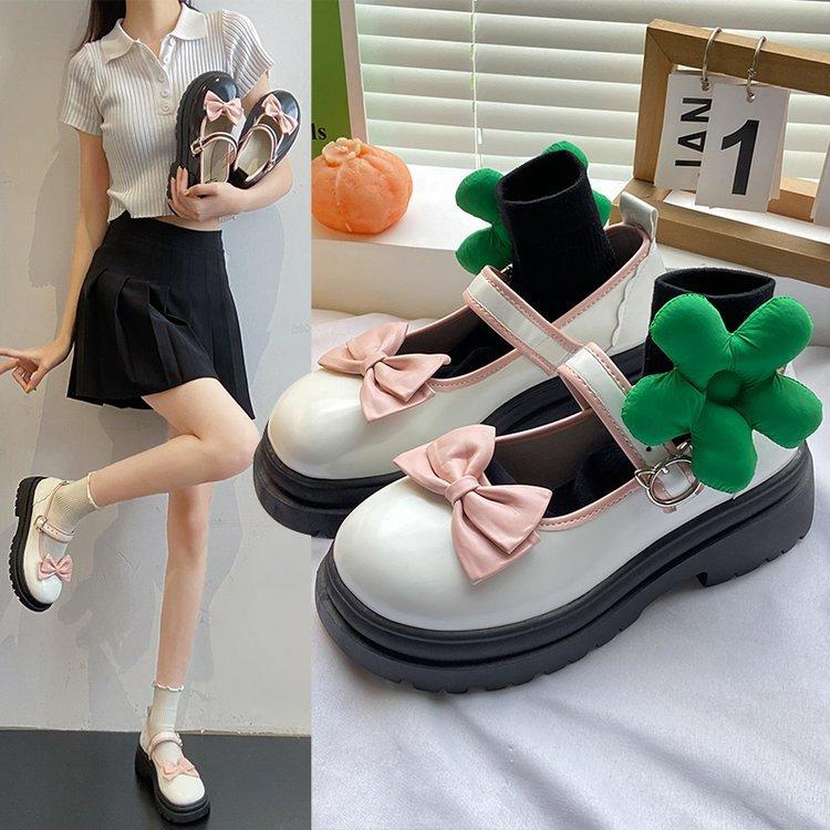 Uniform Shoes Women's Spring Thin Bow Mary Jane Shoes Thick Bottom Heightening Single Shoes Fashionable and Comfortable