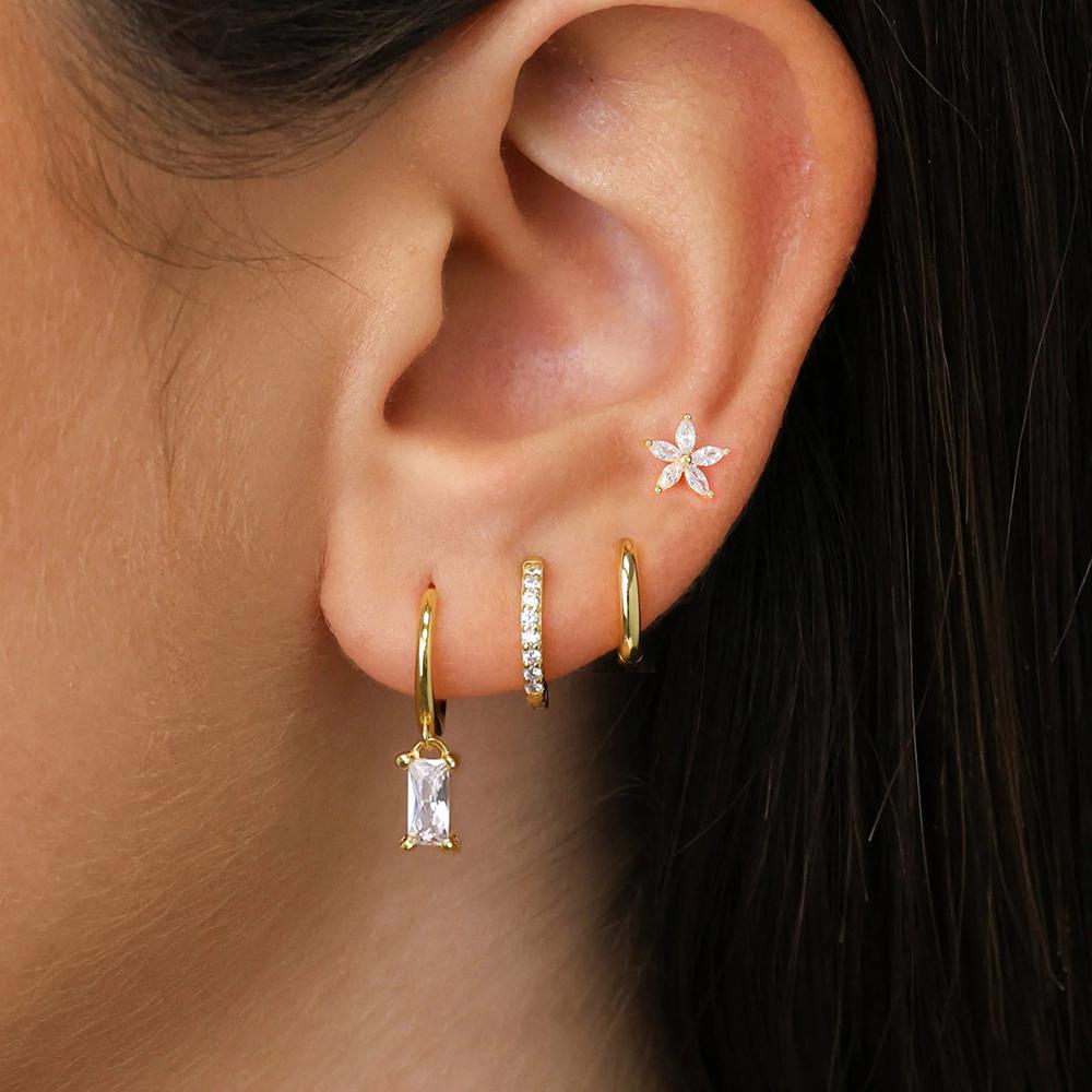 4PCS Exquisite Stainless Steel Flower Square Earrings Set for Women Gold Plated Huggie Dangle Earring Piercing Jewelry Aretes