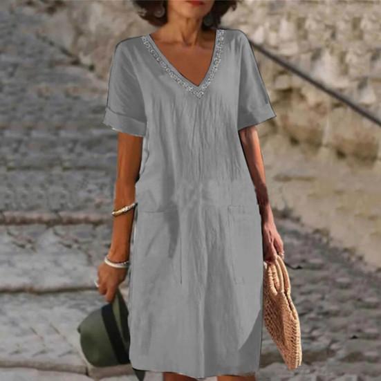 Sommerkleid für Damen, V-Ausschnitt, kurze Ärmel, hohe Taille, Seitentaschen, einfarbig, knielang, locker, lässig, für den Alltag