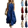 Women Sleeveless Loose Fit Cotton Linen Dress with Crew Neck and Large Pockets Casual Relaxed Style for Summer or Spring