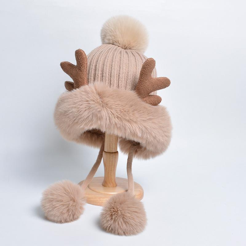New Trendy Cute Ears Plush Winter Hats Women Beanies Deer Antler Fur Pompom Knit Bonnet Fluffy Winter Keep Warm Cap Bomber Hats
